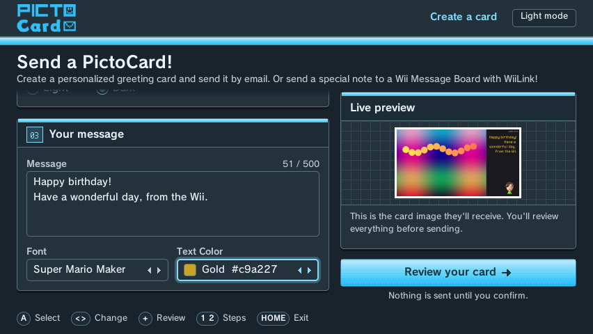 PictoCard for Wii showing the card editor with a live preview