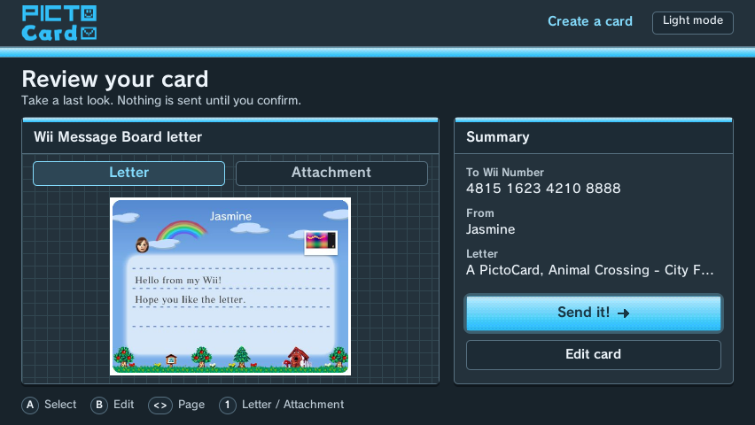 PictoCard for Wii showing a Wii Message Board letter before it is sent